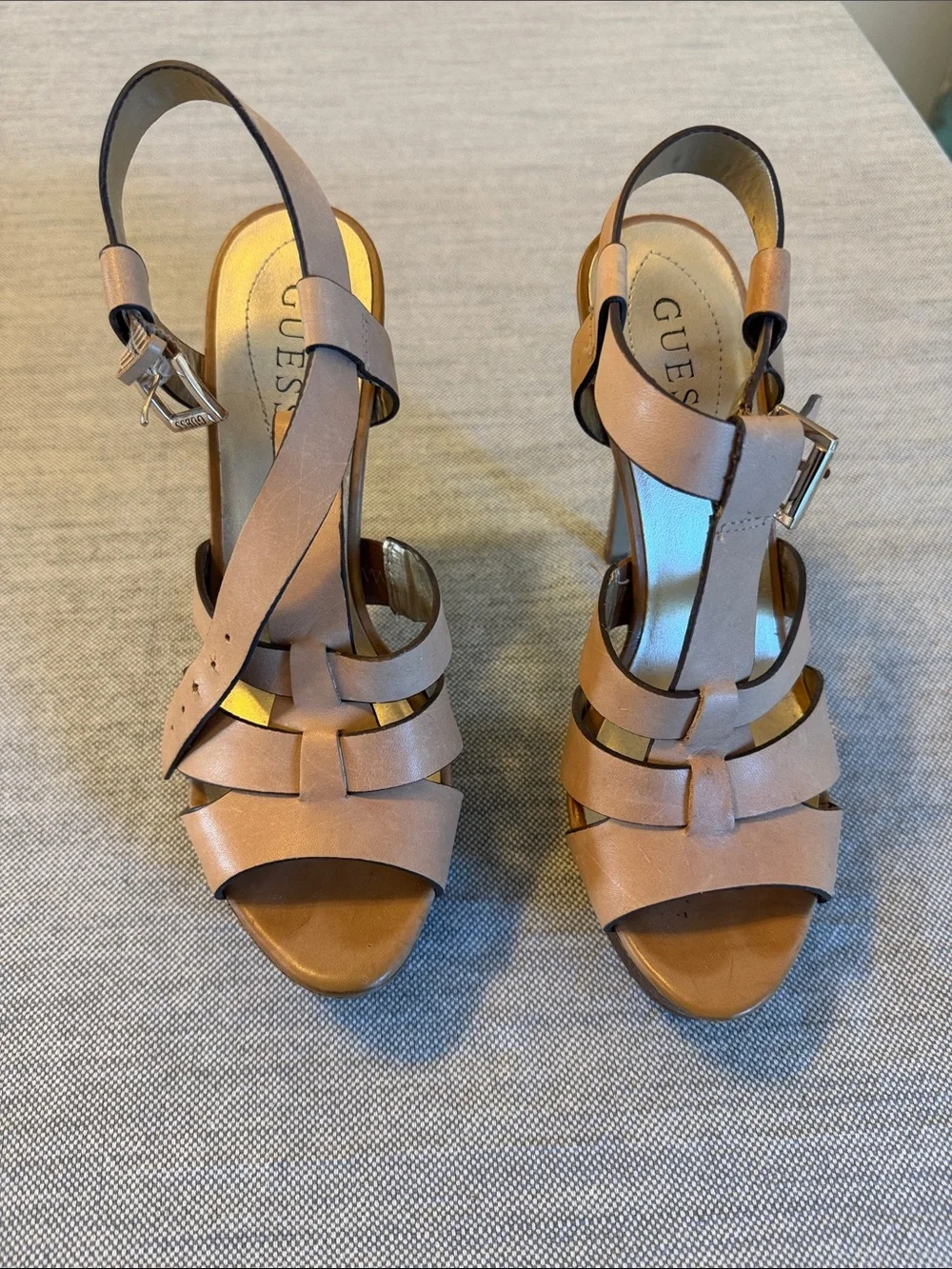Guess Nude Tan Strappy Platform High Heel Sandal